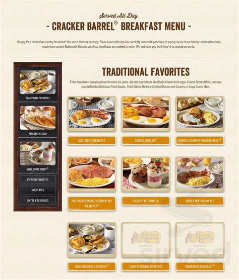 upon request Grandmas Sampler Two pancakes, two eggs, a sampling of bacon, sausage and Sugar Cured or Country Ham (9501000 cal) -plus- choice of Fried Apples or Hashbrown Casserole (170190 cal). . Cracker barrel menuu